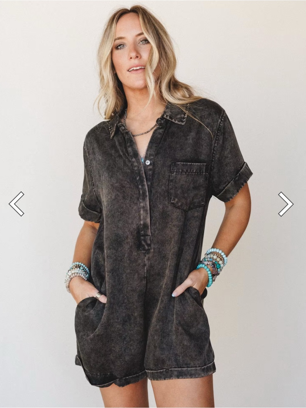 Zenana Outfitters Short Sleeve half button down Romper in acid wash brown size L - Picture 8 of 9